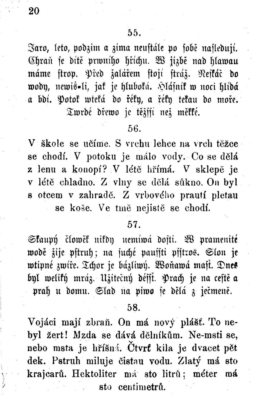 S vrchu lehce na vrch těžce se chodí. V potoku je rnálo vody. Co se dělá z lenu a konopí? V le'tě hřímá. V7 sklepě je v létě chladno. Z vlny se dělá sukno. On byl s otcem v zahradě.