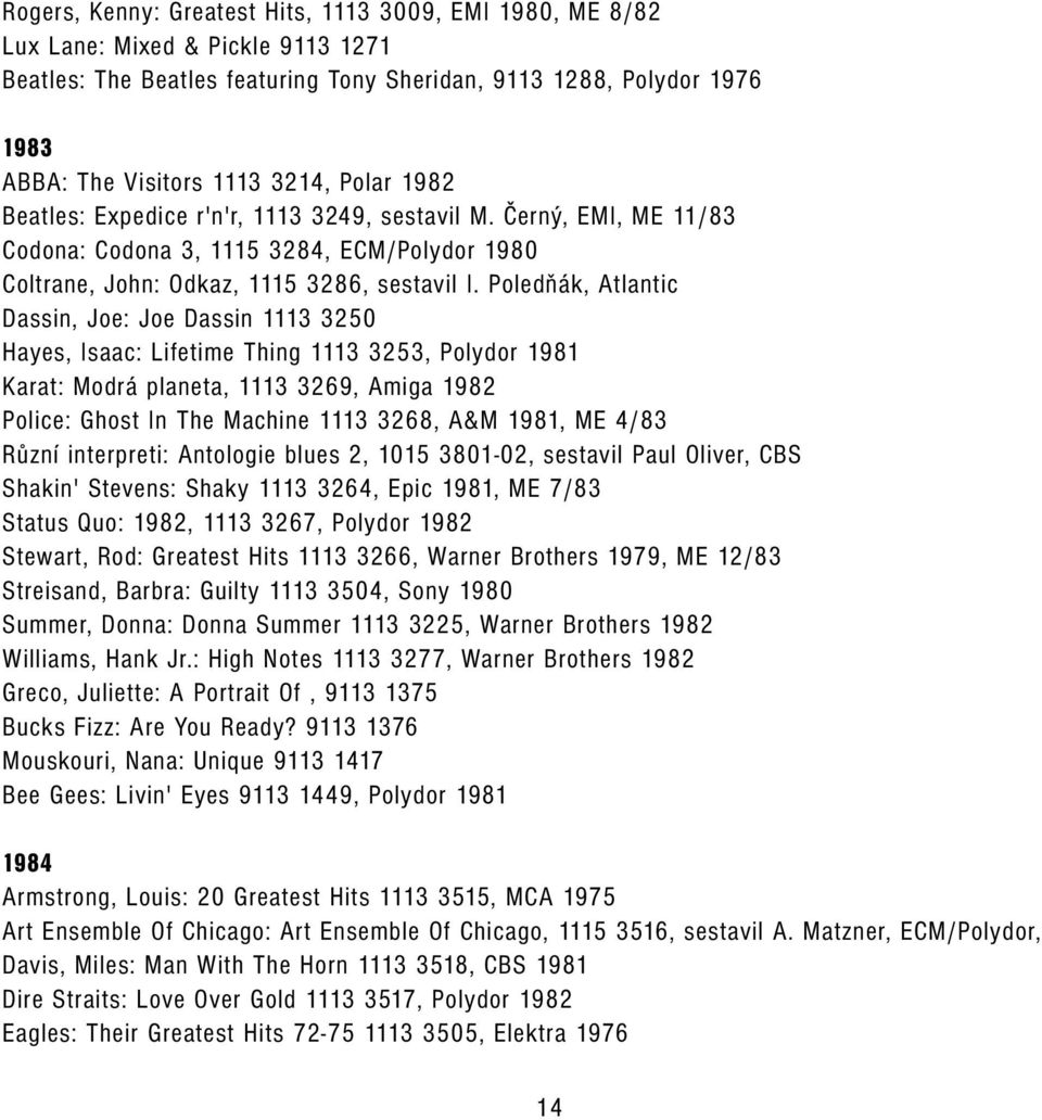 Poledňák, Atlantic Dassin, Joe: Joe Dassin 1113 3250 Hayes, Isaac: Lifetime Thing 1113 3253, Polydor 1981 Karat: Modrá planeta, 1113 3269, Amiga 1982 Police: Ghost In The Machine 1113 3268, A&M 1981,