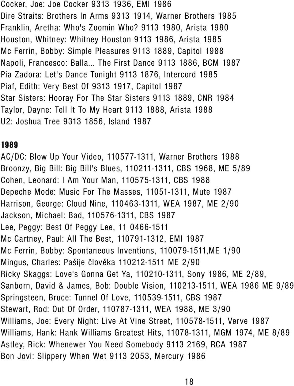 .. The First Dance 9113 1886, BCM 1987 Pia Zadora: Let's Dance Tonight 9113 1876, Intercord 1985 Piaf, Edith: Very Best Of 9313 1917, Capitol 1987 Star Sisters: Hooray For The Star Sisters 9113 1889,