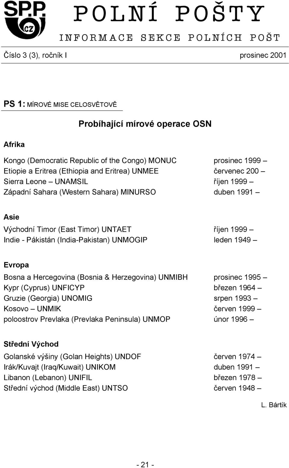 říjen 1999 Indie - Pákistán (India-Pakistan) UNMOGIP leden 1949 Evropa Bosna a Hercegovina (Bosnia & Herzegovina) UNMIBH prosinec 1995 Kypr (Cyprus) UNFICYP březen 1964 Gruzie (Georgia) UNOMIG srpen