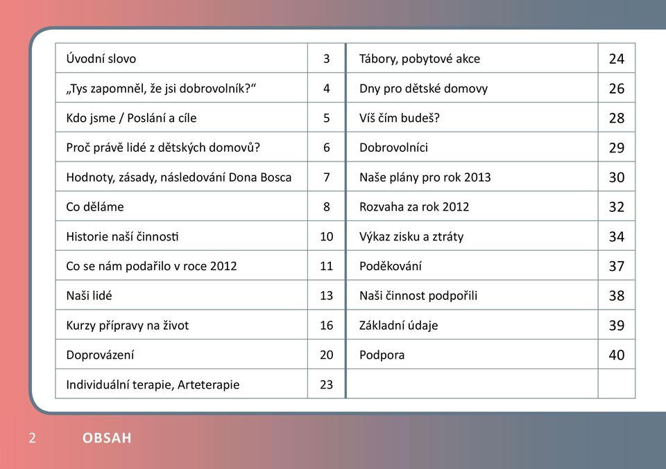 6 Dobrovolníci 29 Hodnoty, zásady, následování Dona Bosca 7 Naše plány pro rok 2013 30 Co děláme 8 Rozvaha za rok 2012 32 Historie naší