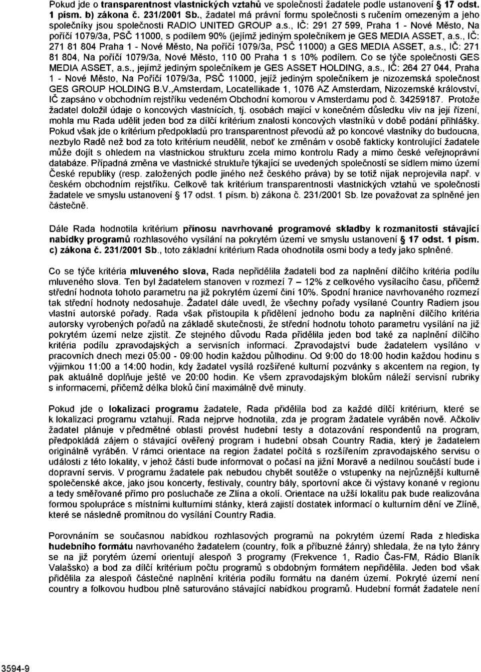 s., IČ: 271 81 804 Praha 1 - Nové Město, Na poříčí 1079/3a, PSČ 11000) a GES MEDIA ASSET, a.s., IČ: 271 81 804, Na poříčí 1079/3a, Nové Město, 110 00 Praha 1 s 10% podílem.