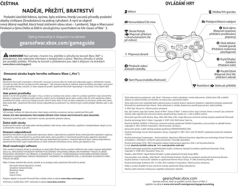 Úplný manuál je k dispozici na adrese: VAROVÁNÍ Než začnete s hraním hry, přečtěte si příručky ke konzoli Xbox 360 a příslušenství, kde naleznete informace o bezpečnosti a zdraví.