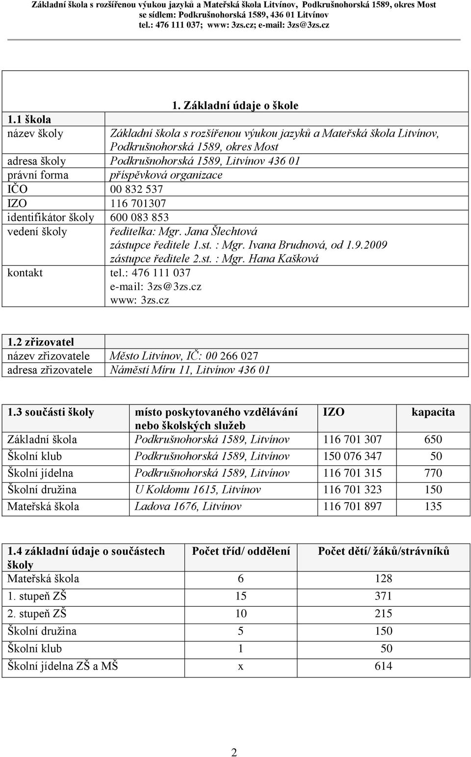 příspěvková organizace IČO 00 832 537 IZO 116 701307 identifikátor školy 600 083 853 vedení školy kontakt tel.: 476 111 037 e-mail: 3zs@3zs.cz www: 3zs.cz ředitelka: Mgr.