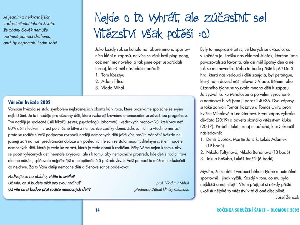 následující pořadí: 1. Tom Kosztyu 2. Adam Trlica 3. Vlado Mihál Vánoční hvězda 2002 Vánoční hvězda se stala symbolem nejkrásnějších okamžiků v roce, které prožíváme společně se svými nejbližšími.