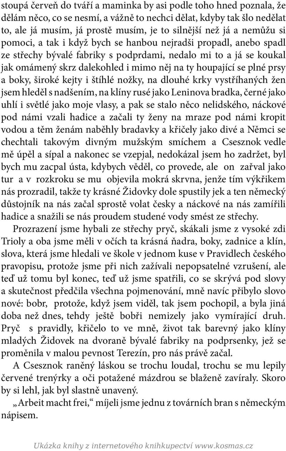 se plné prsy a boky, široké kejty i štíhlé nožky, na dlouhé krky vystříhaných žen jsem hleděl s nadšením, na klíny rusé jako Leninova bradka, černé jako uhlí i světlé jako moje vlasy, a pak se stalo