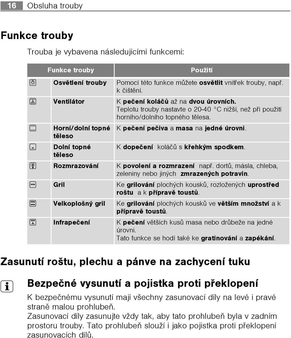 Teplotu trouby nastavte o 20-40 C nižší, než pøi použití horního/dolního topného tìlesa. K peèení peèiva a masa na jedné úrovni. K dopeèení koláèù s køehkým spodkem. K povolení a rozmrazení napø.