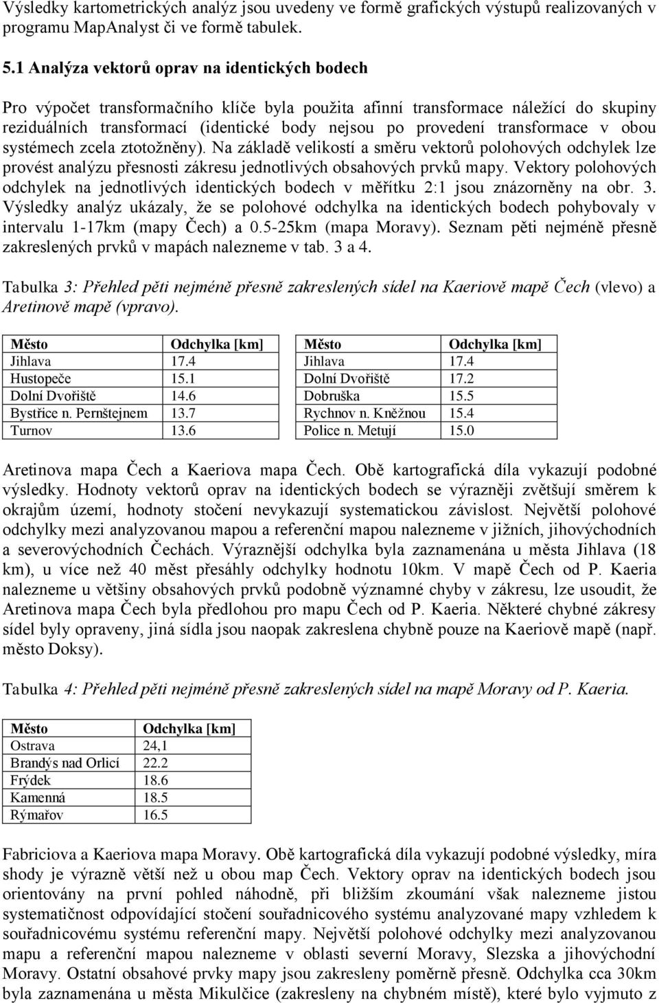 transformace v obou systémech zcela ztotoţněny). Na základě velikostí a směru vektorů polohových odchylek lze provést analýzu přesnosti zákresu jednotlivých obsahových prvků mapy.