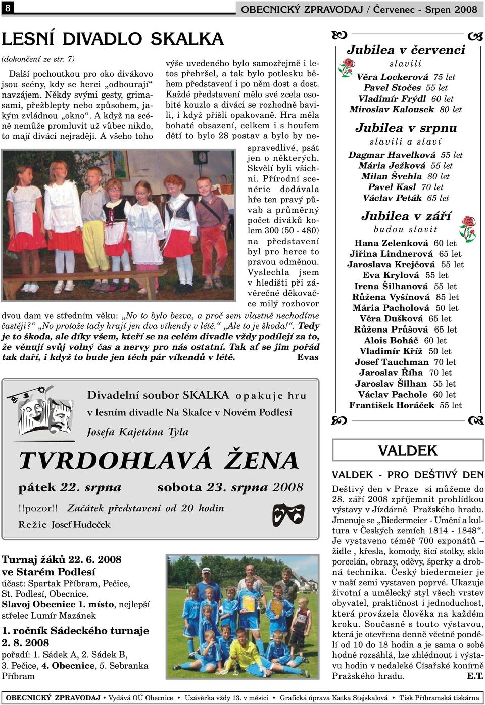 A všeho toho Divadelní soubor SKALKA opakuje hru v lesním divadle Na Skalce v Novém Podlesí Josefa Kajetána Tyla Turnaj žáků 22. 6. 2008 ve Starém Podlesí účast: Spartak Příbram, Pečice, St.