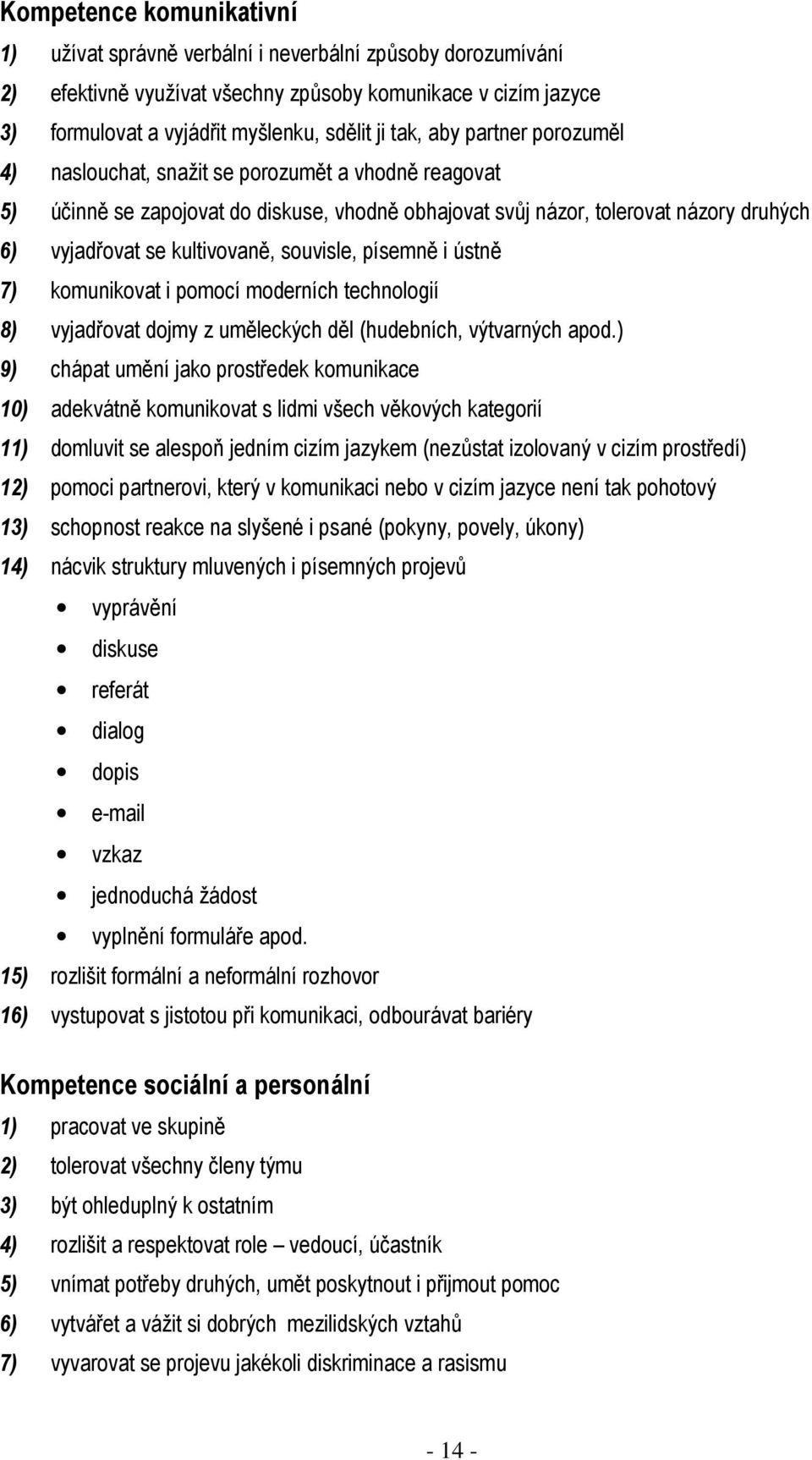 souvisle, písemně i ústně 7) komunikovat i pomocí moderních technologií 8) vyjadřovat dojmy z uměleckých děl (hudebních, výtvarných apod.