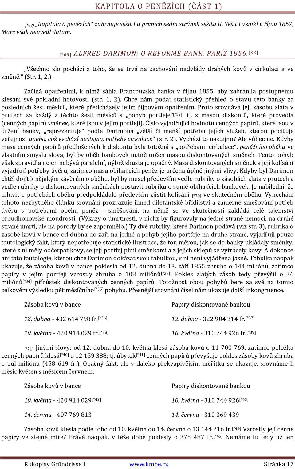 ) Začíná opatřeními, k nimž sáhla Francouzská banka v říjnu 1855, aby zabránila postupnému klesání své pokladní hotovosti (str. 1, 2).