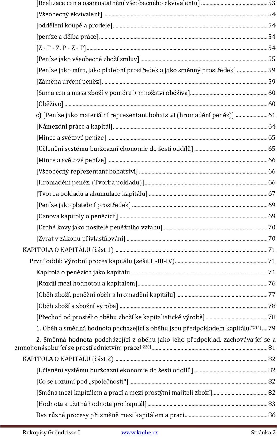 .. 59 [Suma cen a masa zboží v poměru k množství oběživa]... 60 [Oběživo]... 60 c) [Peníze jako materiální reprezentant bohatství (hromadění peněz)]... 61 [Námezdní práce a kapitál].