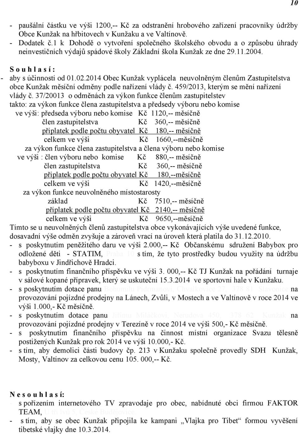 2014 Obec Kunžak vyplácela neuvolněným členům Zastupitelstva obce Kunžak měsíční odměny podle nařízení vlády č. 459/2013, kterým se mění nařízení vlády č.