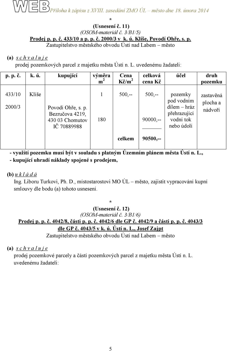 Bezručova 4219, 430 03 Chomutov IČ 70889988 1 180 500,-- 500,-- 90000,-- pozemky pod vodním dílem hráz přehrazující vodní tok nebo údolí zastavěná plocha a nádvoří celkem 90500,-- - využití