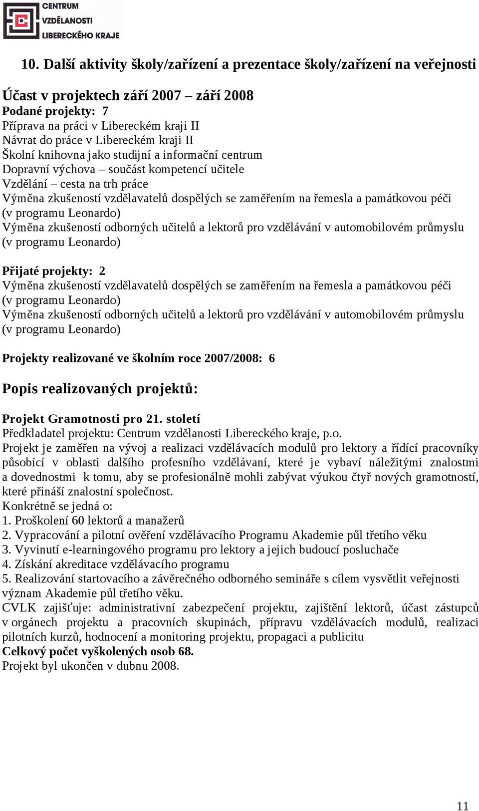 řemesla a památkovou péči (v programu Leonardo) Výměna zkušeností odborných učitelů a lektorů pro vzdělávání v automobilovém průmyslu (v programu Leonardo) Přijaté projekty: 2 Výměna zkušeností