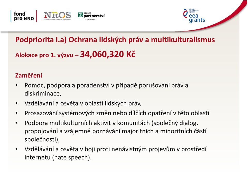 lidských práv, Prosazování systémových změn nebo dílčích opatření v této oblasti Podpora multikulturních aktivit v komunitách