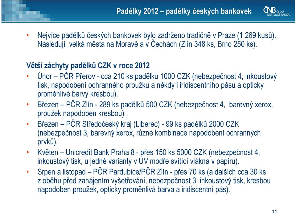 barvy kresbou). Březen PČR Zlín - 289 ks padělků 500 CZK (nebezpečnost 4, barevný xerox, proužek napodoben kresbou).