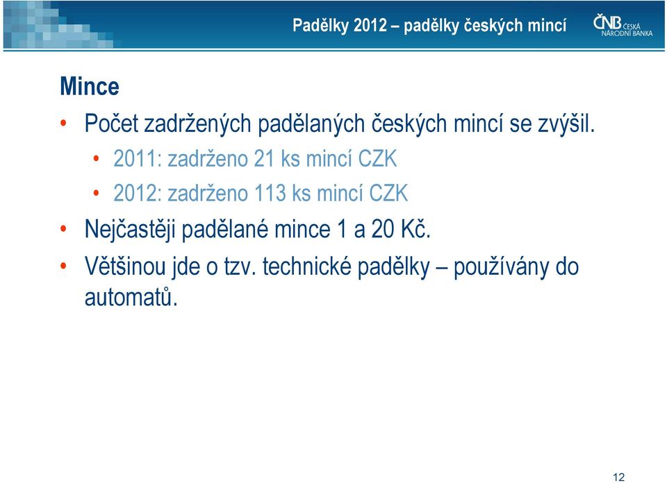 2011: zadrženo 21 ks mincí CZK 2012: zadrženo 113 ks mincí CZK