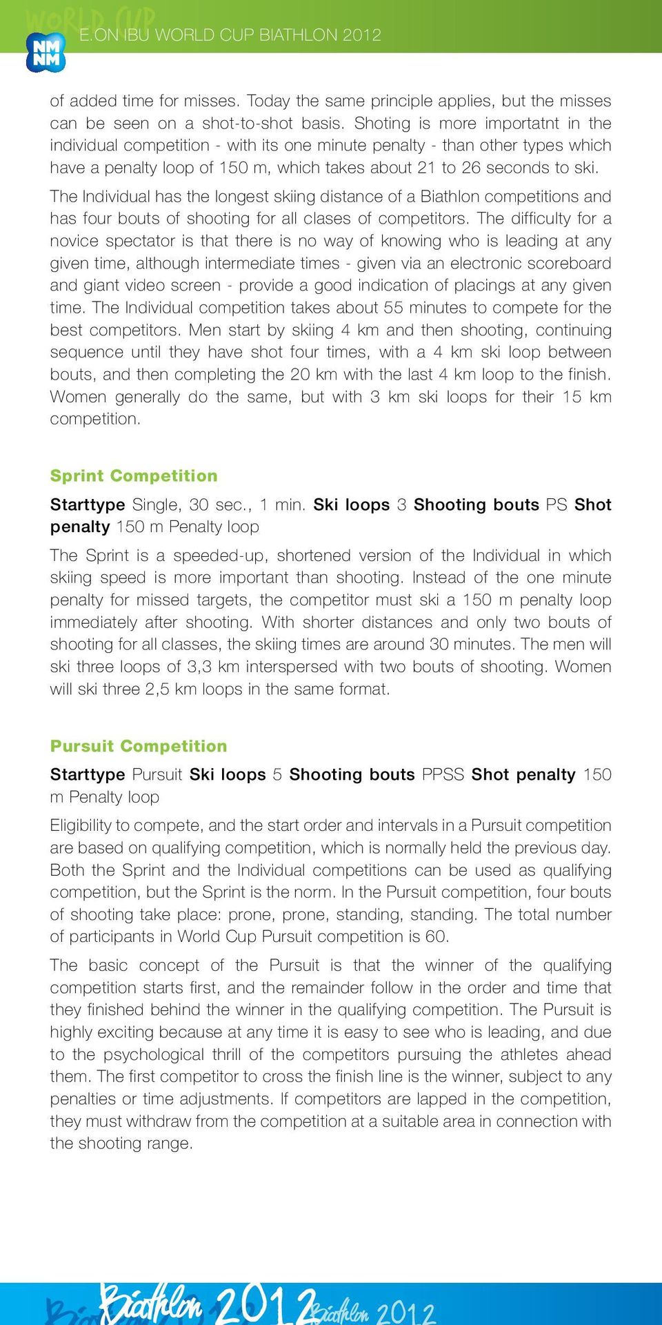 The Individual has the longest skiing distance of a Biathlon competitions and has four bouts of shooting for all clases of competitors.