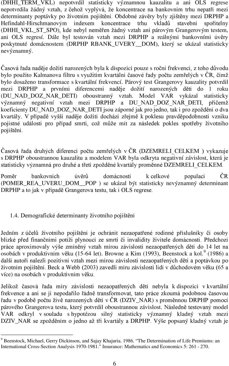 Obdobné závěry byly zjištěny mezi DRPHP a Hefindahl-Hirschmanovým indexem koncentrace trhu vkladů stavební spořitelny (DHHI_VKL_ST_SPO), kde nebyl neměřen žádný vztah ani párovým Grangerovým testem,