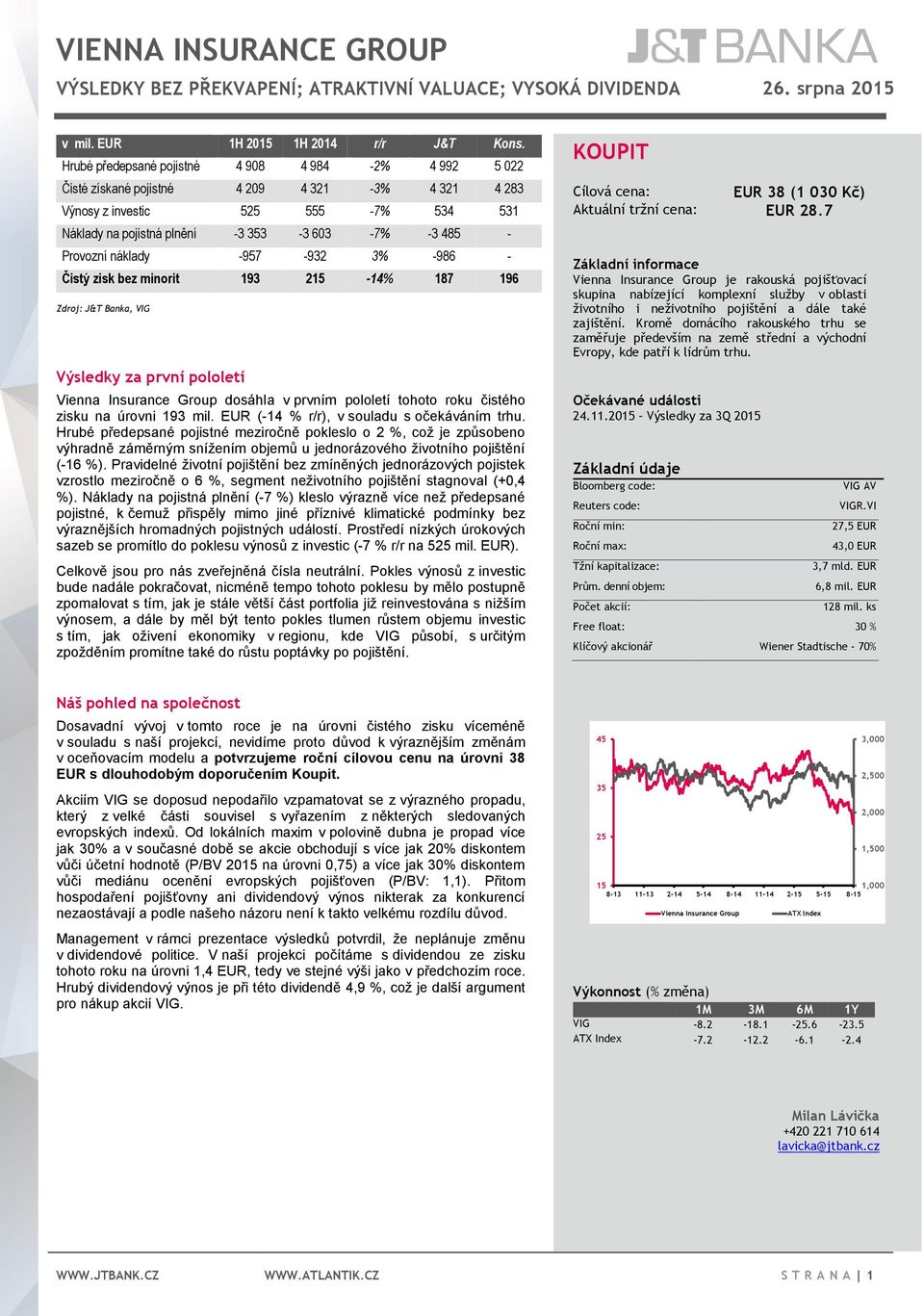Provozní náklady -957-932 3% -986 - Čistý zisk bez minorit 193 215-14% 187 196 Zdroj: J&T Banka, VIG Výsledky za první pololetí Vienna Insurance Group dosáhla v prvním pololetí tohoto roku čistého