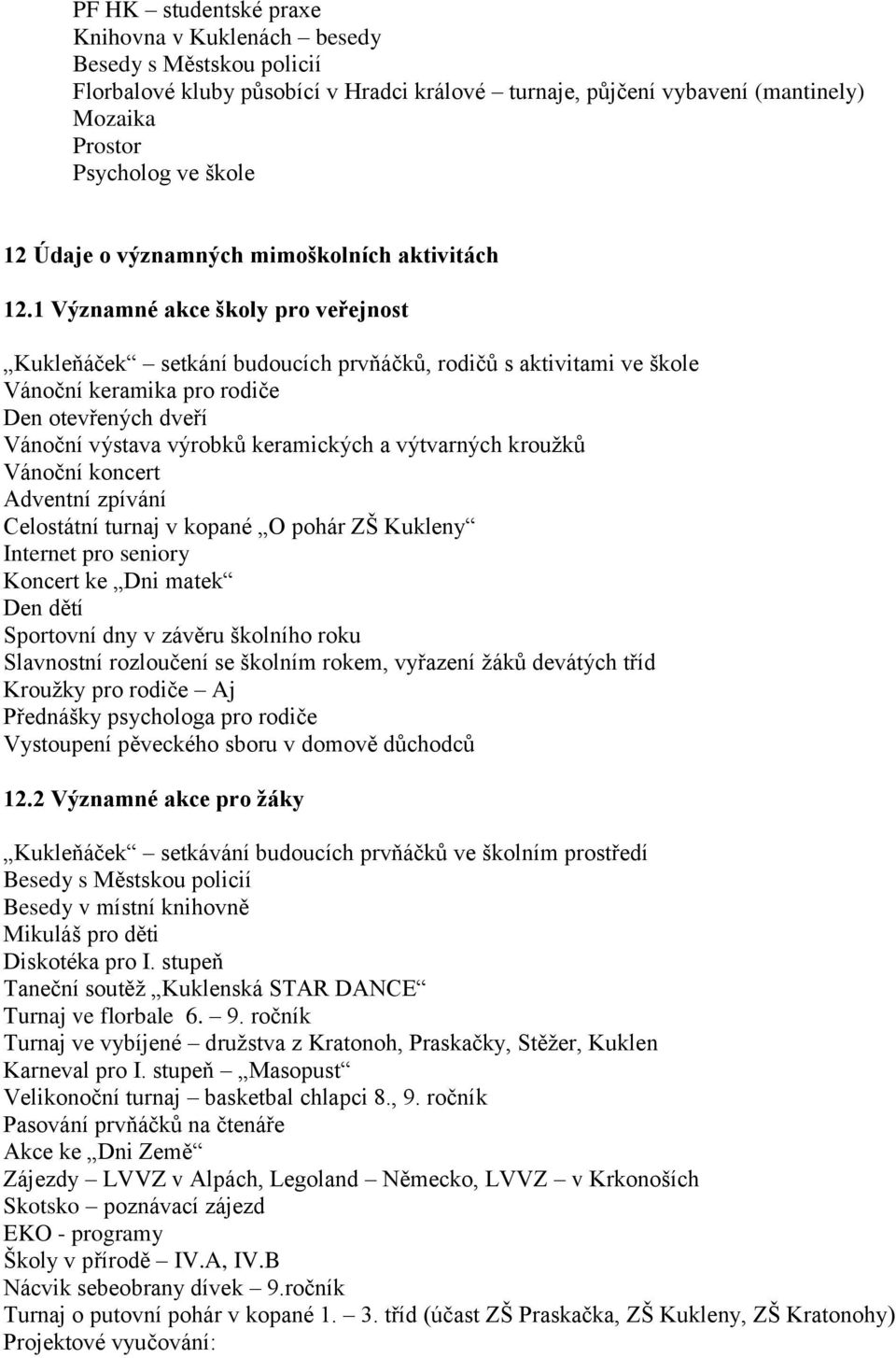 1 Významné akce školy pro veřejnost Kukleňáček setkání budoucích prvňáčků, rodičů s aktivitami ve škole Vánoční keramika pro rodiče Den otevřených dveří Vánoční výstava výrobků keramických a