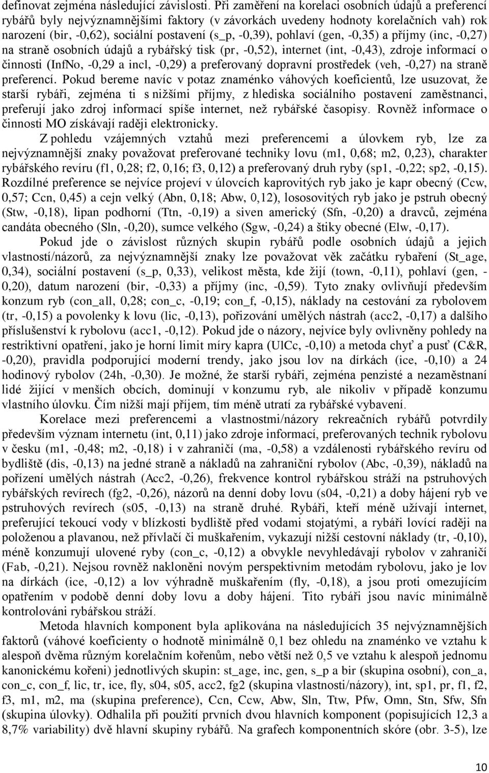 pohlaví (gen, -0,35) a příjmy (inc, -0,27) na straně osobních údajů a rybářský tisk (pr, -0,52), internet (int, -0,43), zdroje informací o činnosti (InfNo, -0,29 a incl, -0,29) a preferovaný dopravní