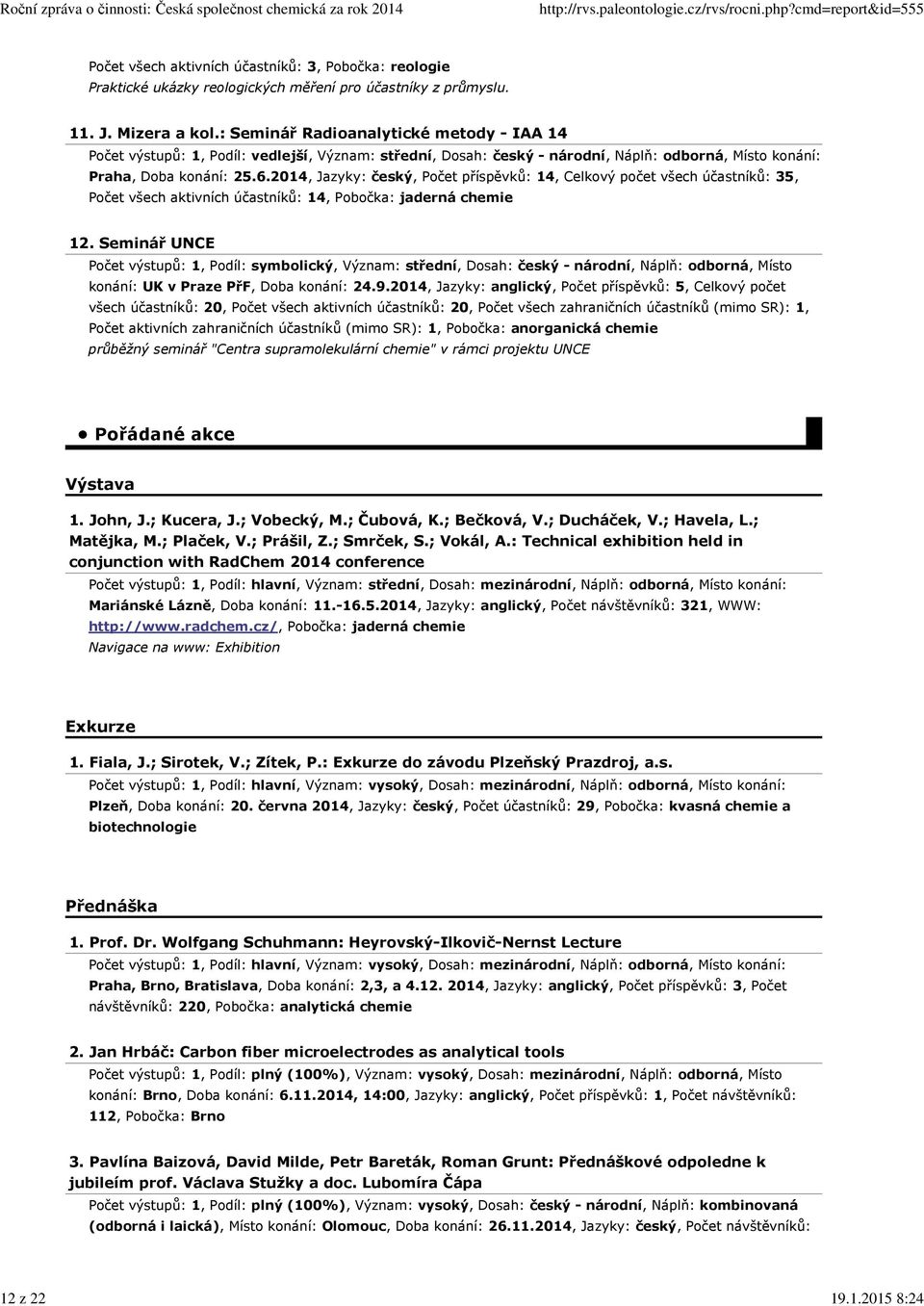2014, Jazyky: český, Počet příspěvků: 14, Celkový počet všech účastníků: 35, Počet všech aktivních účastníků: 14, Pobočka: jaderná chemie 12.