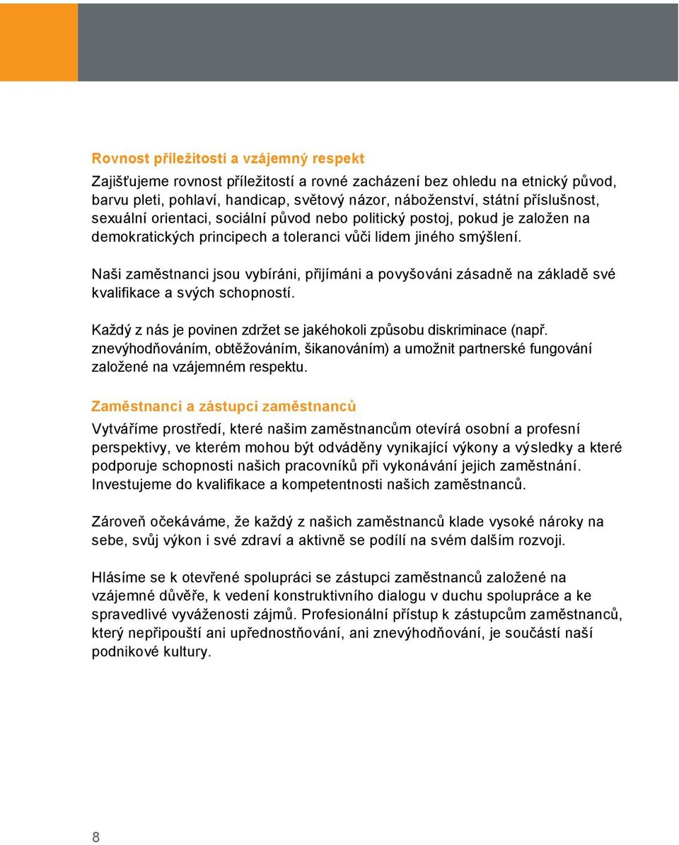 Naši zaměstnanci jsou vybíráni, přijímáni a povyšováni zásadně na základě své kvalifikace a svých schopností. Každý z nás je povinen zdržet se jakéhokoli způsobu diskriminace (např.