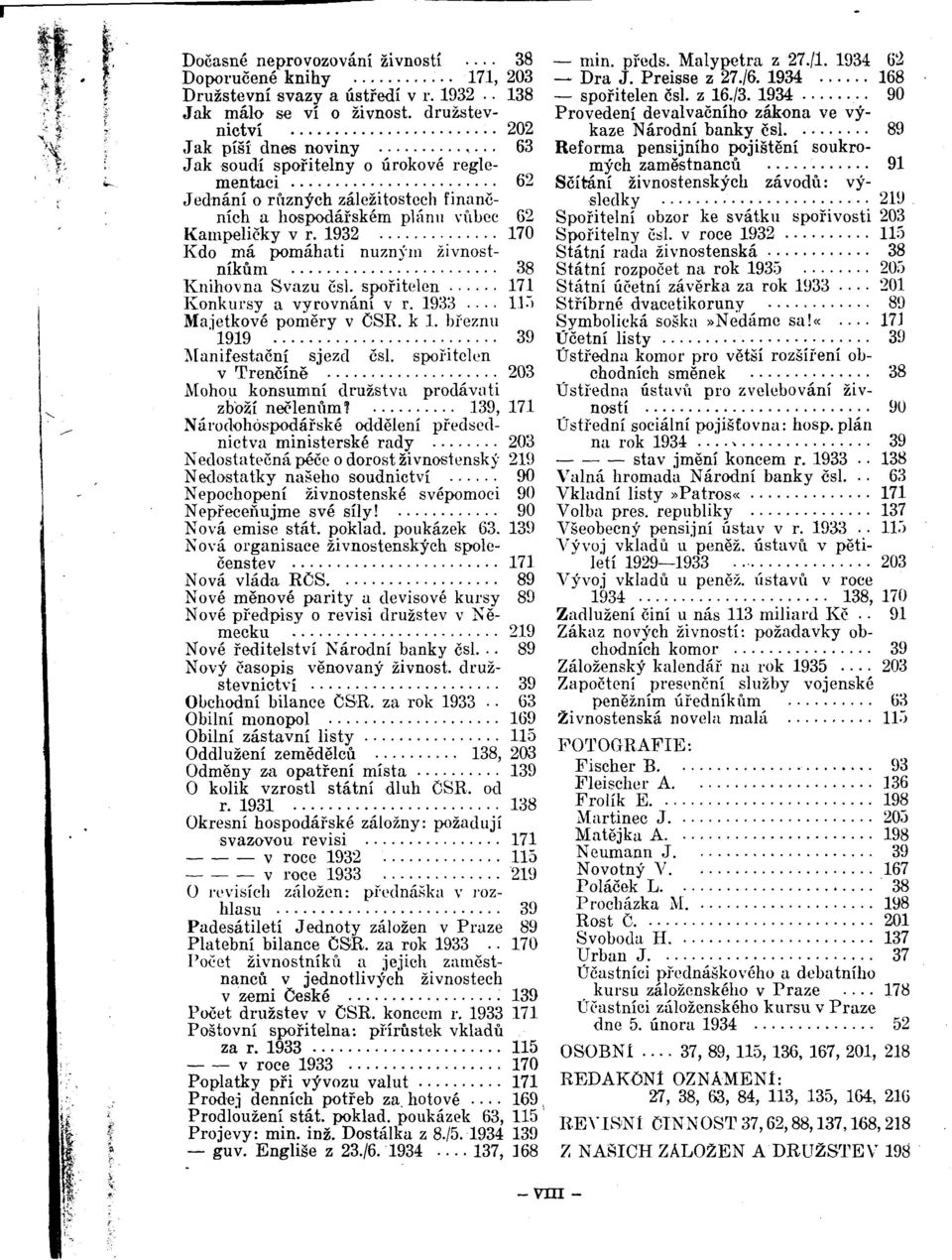 1932 170 Kdo má pomáhati nuznym zivnostníküm 38 Knihovna Svazu csl. spofitelen 171 Konkursy a vyrovnání v r. 1933.. 135 Majetkové poméry v CSR. k 1. bfeznu 1919 39 Manifestacní sjezd csl.