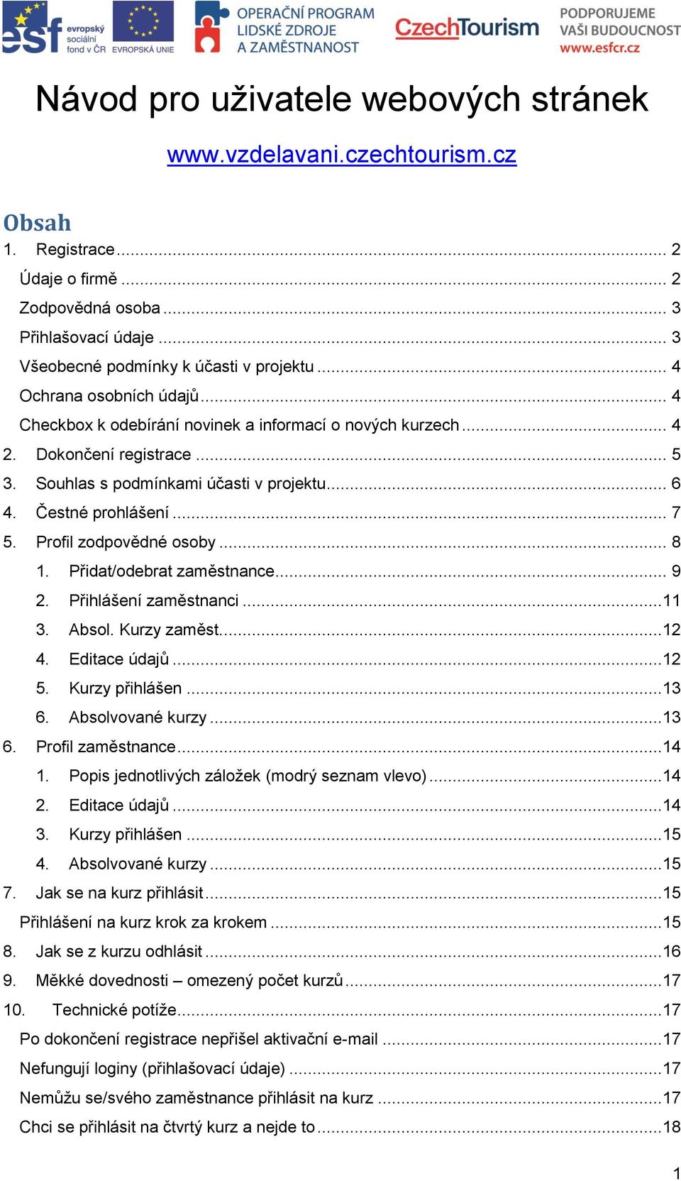 Profil zodpovědné osoby... 8 1. Přidat/odebrat zaměstnance... 9 2. Přihlášení zaměstnanci...11 3. Absol. Kurzy zaměst....12 4. Editace údajů...12 5. Kurzy přihlášen...13 6. Absolvované kurzy...13 6. Profil zaměstnance.