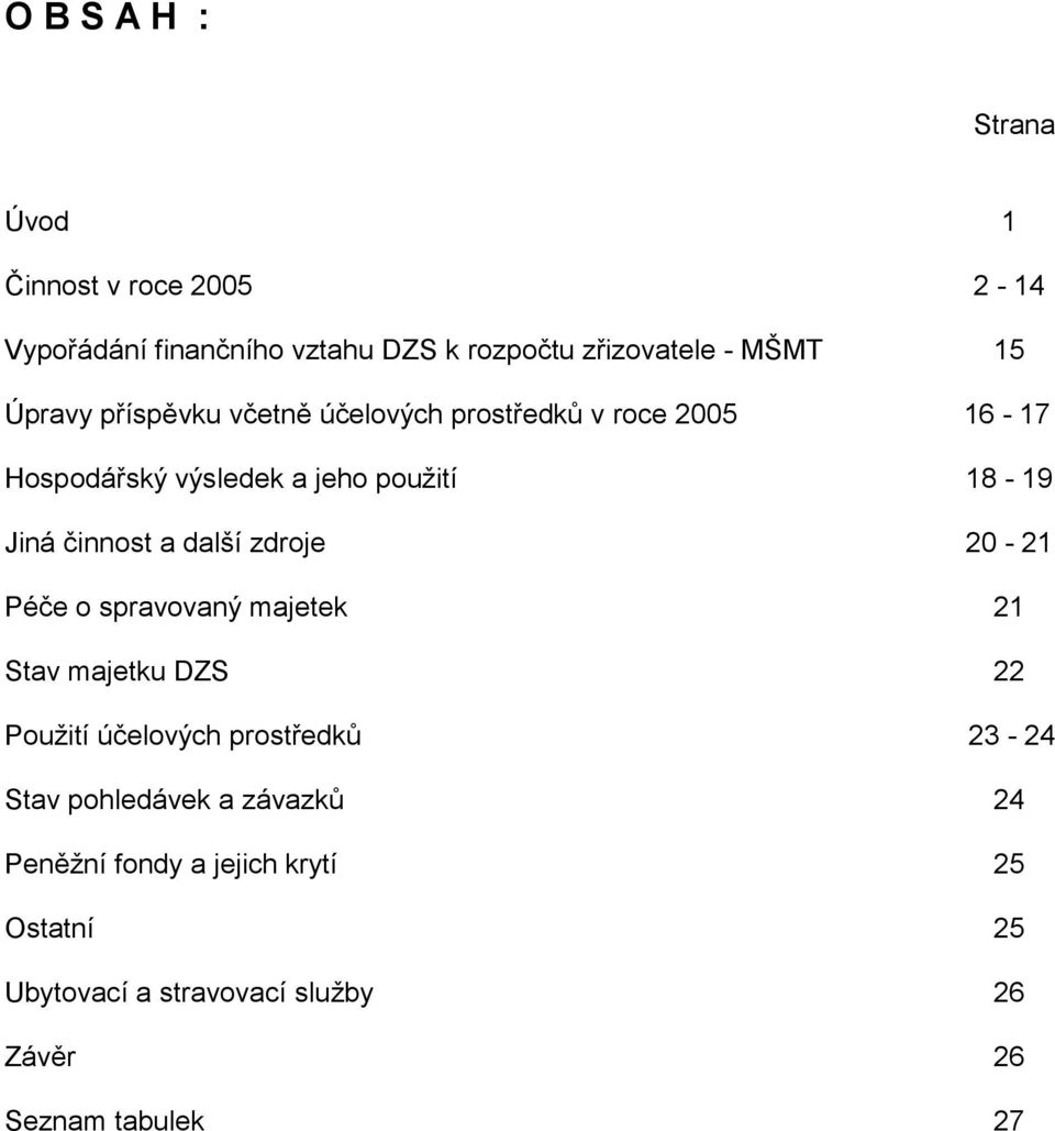 a další zdroje 20-21 Péče o spravovaný majetek 21 Stav majetku DZS 22 Použití účelových prostředků 23-24 Stav
