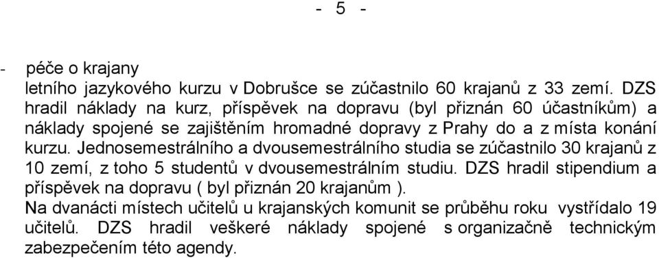 kurzu. Jednosemestrálního a dvousemestrálního studia se zúčastnilo 30 krajanů z 10 zemí, z toho 5 studentů v dvousemestrálním studiu.