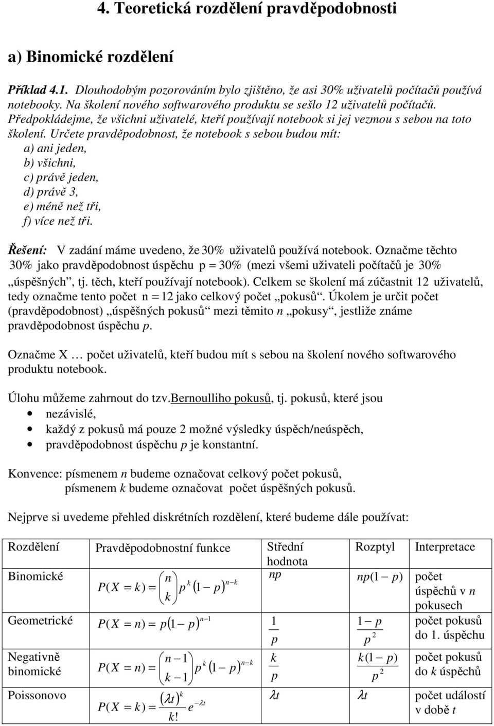 Určete pravděpodobnost, že notebook s sebou budou mít: a) ani jeden, b) všichni, c) právě jeden, d) právě 3, e) méně než tři, f) více než tři.