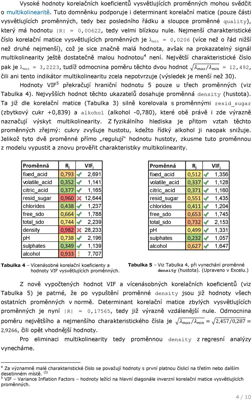 Nejmenší charakteristické číslo korelační matice vysvětlujících proměnných je min =,26 (více než o řád nižší než druhé nejmenší), což je sice značně malá hodnota, avšak na prokazatelný signál