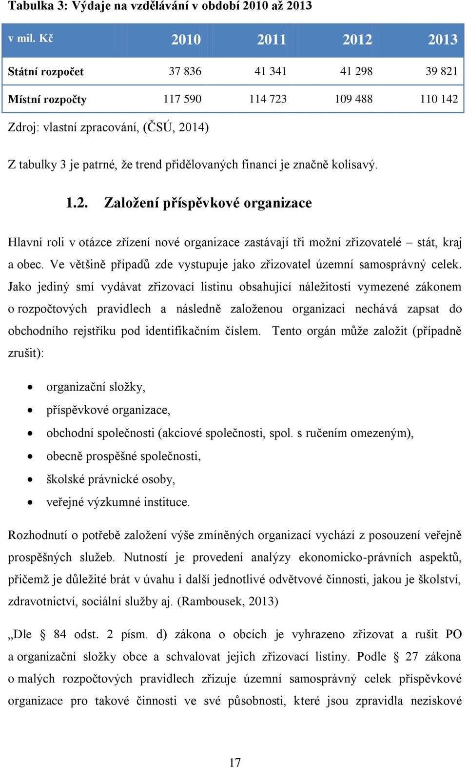 financí je značně kolísavý. 1.2. Založení příspěvkové organizace Hlavní roli v otázce zřízení nové organizace zastávají tři možní zřizovatelé stát, kraj a obec.