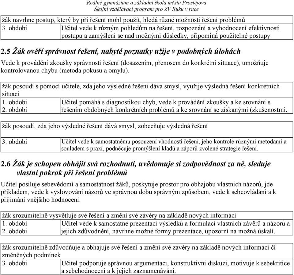 5 Žák ověří správnost řešení, nabyté poznatky užije v podobných úlohách Vede k provádění zkoušky správnosti řešení (dosazením, přenosem do konkrétní situace), umožňuje kontrolovanou chybu (metoda