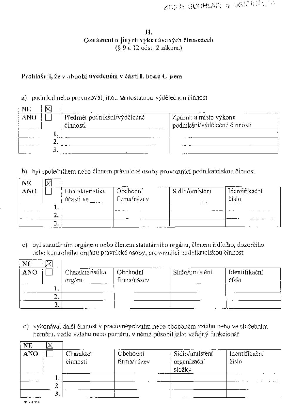 umi stěni cl byl statutárním orgállem nebo členem statutárnihn orgánu, členem řídícího, dozorčího Llťho kolllrolniho orgánu právnické osoby, pr<lvn'/l~id podnikatelskou činnost ----- NE ANO Sídlo/um