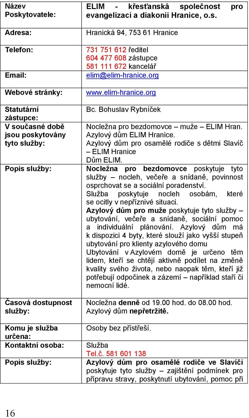 Bohuslav Rybníček Nocležna pro bezdomovce muže ELIM Hran. Azylový dům ELIM Hranice. Azylový dům pro osamělé rodiče s dětmi Slavíč ELIM Hranice Dům ELIM.