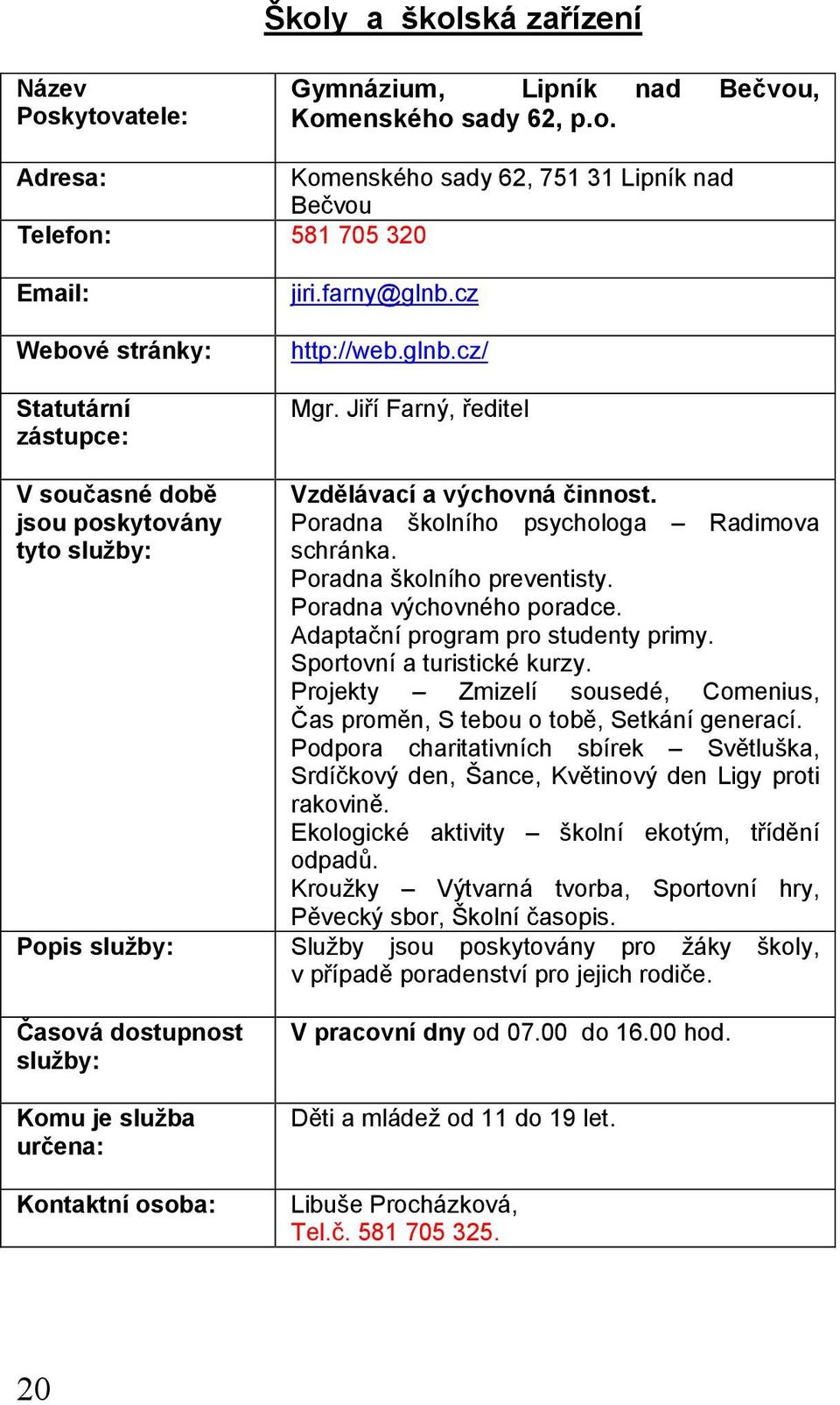 Adaptační program pro studenty primy. Sportovní a turistické kurzy. Projekty Zmizelí sousedé, Comenius, Čas proměn, S tebou o tobě, Setkání generací.