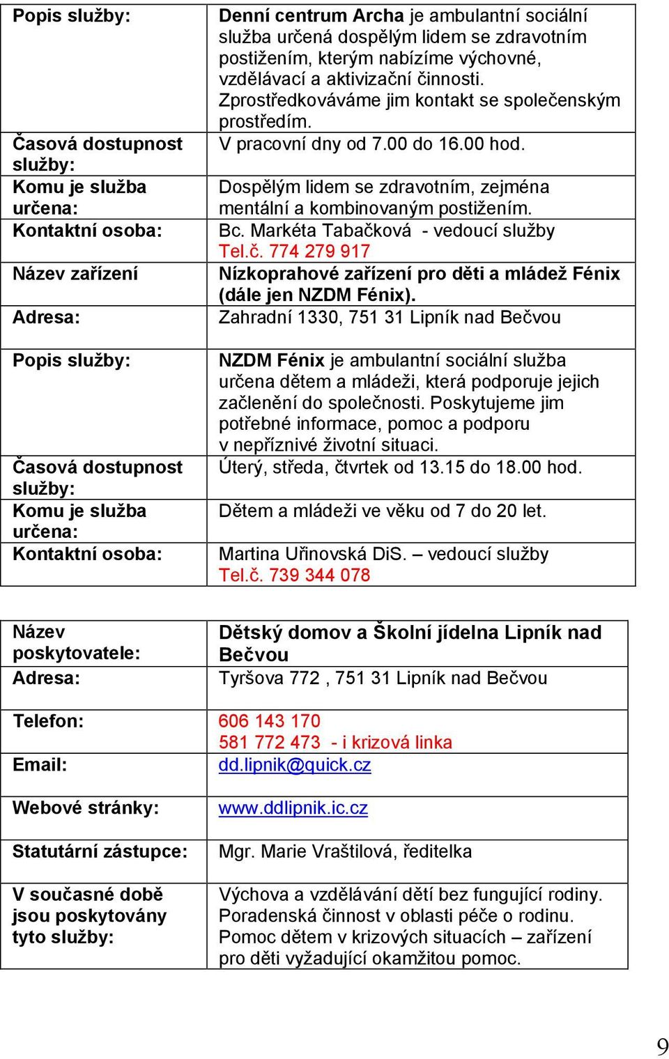 Dospělým lidem se zdravotním, zejména mentální a kombinovaným postižením. Bc. Markéta Tabačková - vedoucí služby Tel.č. 774 279 917 Nízkoprahové zařízení pro děti a mládež Fénix (dále jen NZDM Fénix).