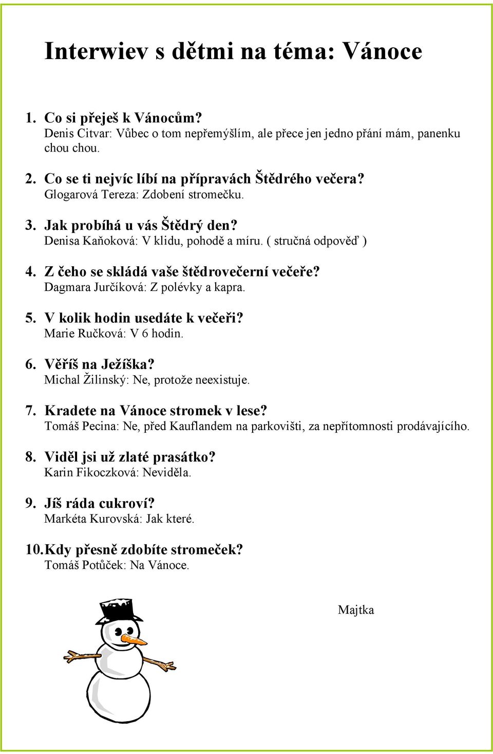 Z čeho se skládá vaše štědrovečerní večeře? Dagmara Jurčíková: Z polévky a kapra. 5. V kolik hodin usedáte k večeři? Marie Ručková: V 6 hodin. 6. Věříš na Ježíška?