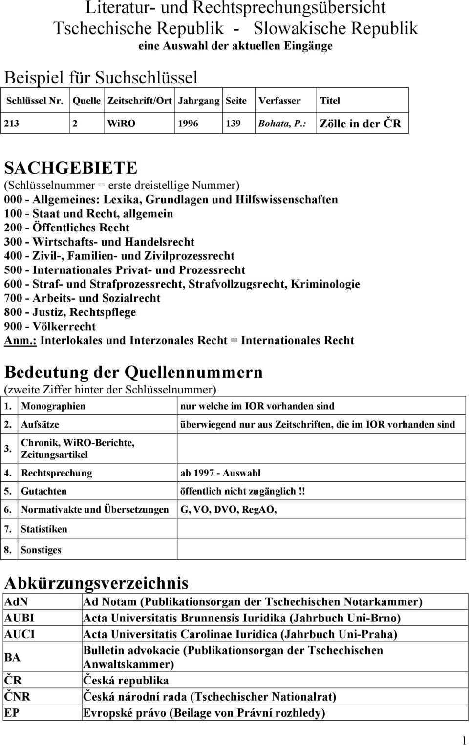 : Zölle in der ČR SACHGEBIETE (Schlüsselnummer = erste dreistellige Nummer) 000 - Allgemeines: Lexika, Grundlagen und Hilfswissenschaften 100 - Staat und Recht, allgemein 200 - Öffentliches Recht 300