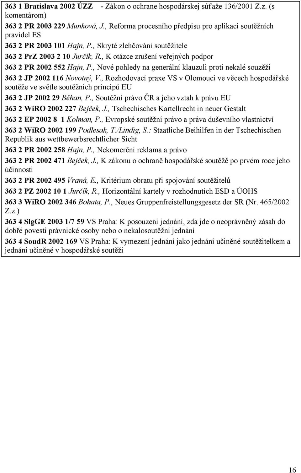 , K otázce zrušení veřejných podpor 363 2 PR 2002 552 Hajn, P., Nové pohledy na generální klauzuli proti nekalé souzěži 363 2 JP 2002 116 Novotný, V.