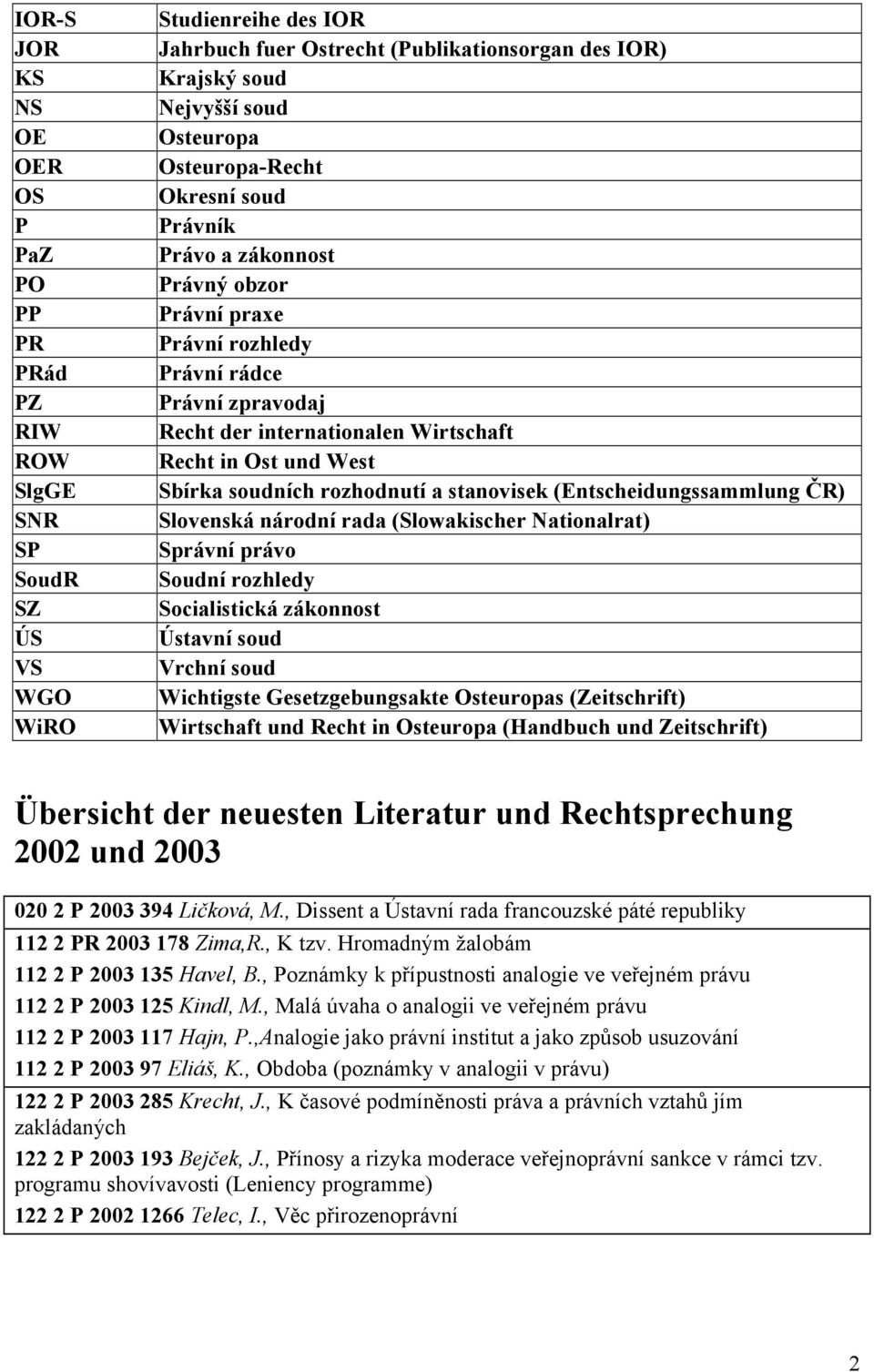 Sbírka soudních rozhodnutí a stanovisek (Entscheidungssammlung ČR) Slovenská národní rada (Slowakischer Nationalrat) Správní právo Soudní rozhledy Socialistická zákonnost Ústavní soud Vrchní soud