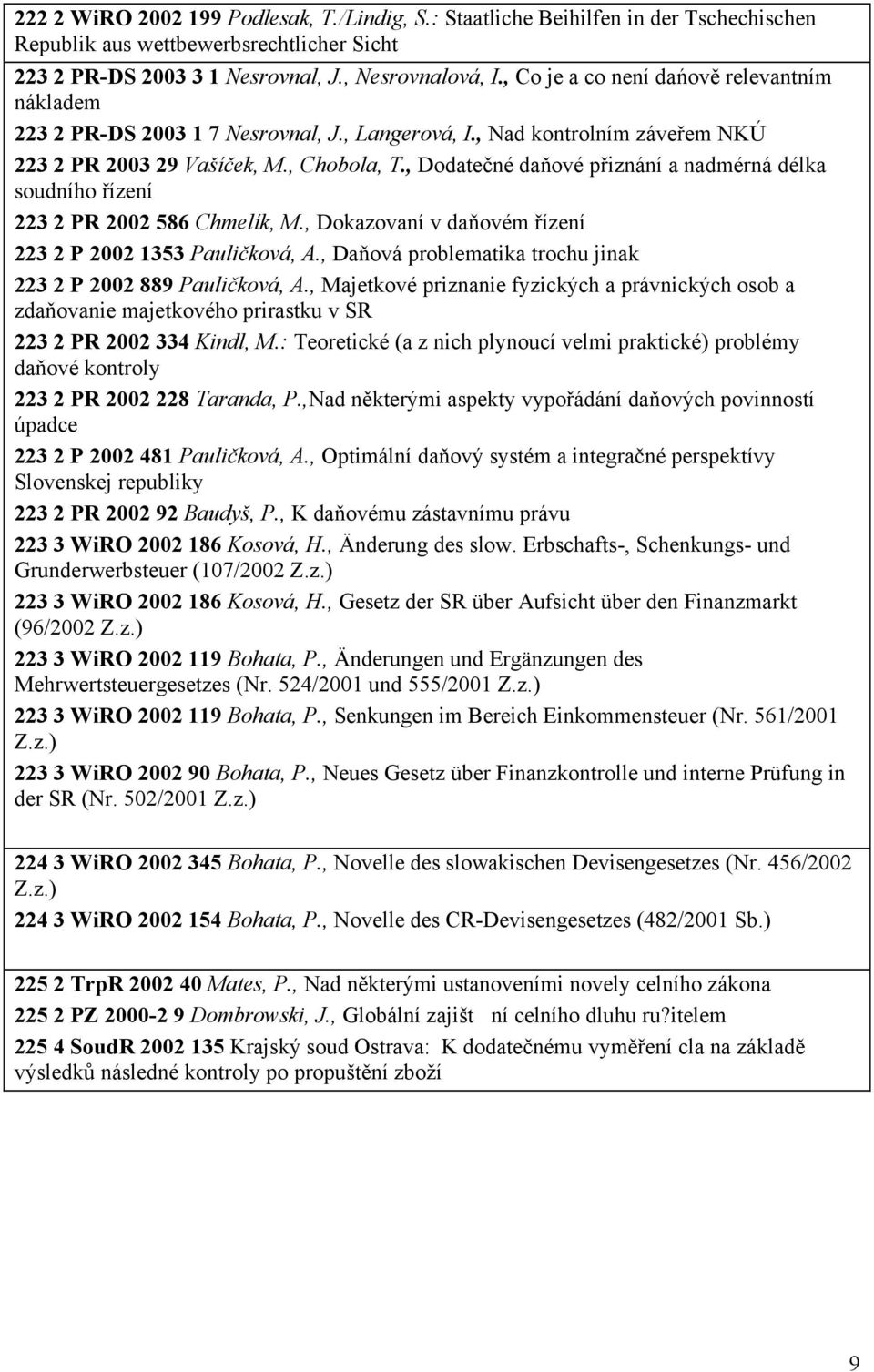 , Dodatečné daňové přiznání a nadmérná délka soudního řízení 223 2 PR 2002 586 Chmelík, M., Dokazovaní v daňovém řízení 223 2 P 2002 1353 Pauličková, A.