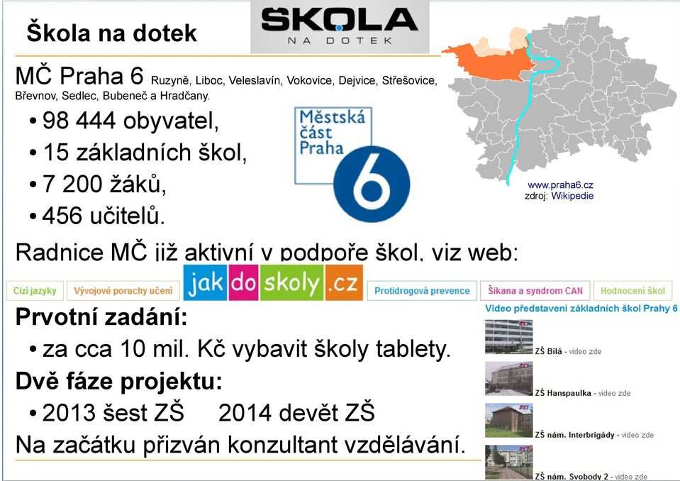 Radnice MČ již aktivní v podpoře škol, viz web: Prvotní zadání: za cca 10 mil.