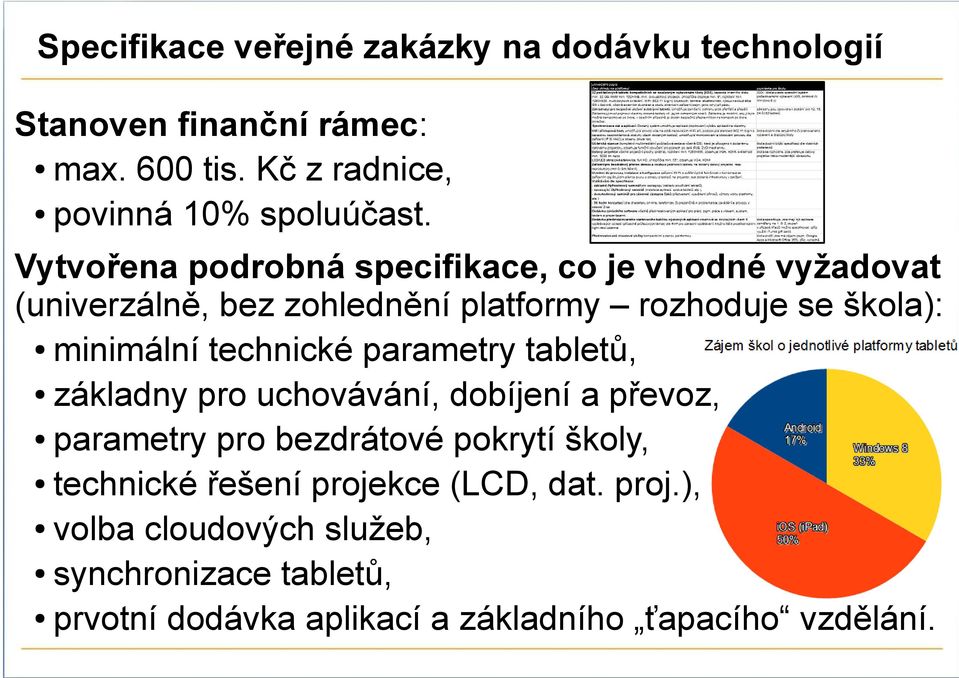 technické parametry tabletů, základny pro uchovávání, dobíjení a převoz, parametry pro bezdrátové pokrytí školy, technické