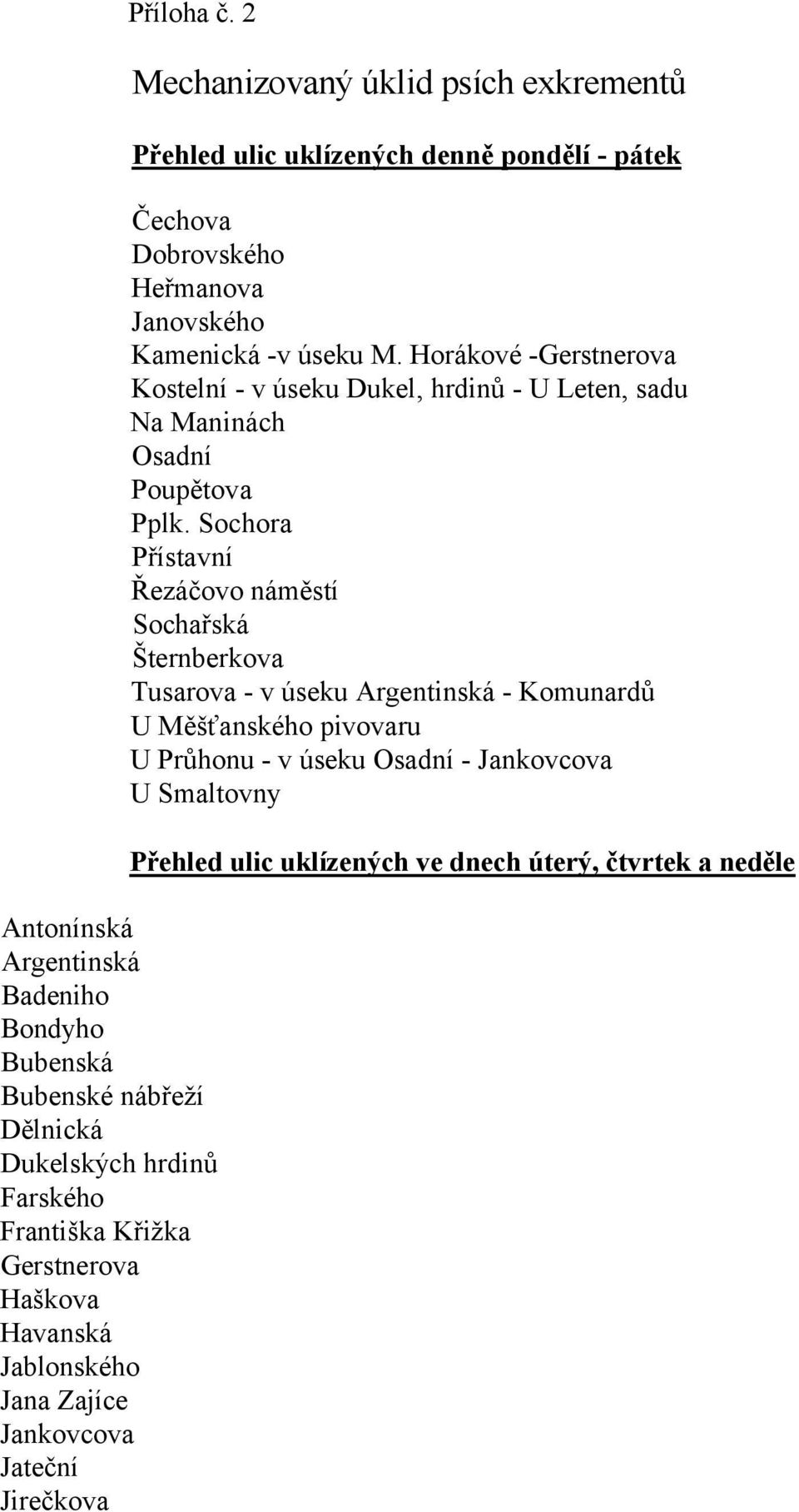 Jankovcova Jateční Jirečkova Mechanizovaný úklid psích exkrement P ehled ulic uklízených denn pond lí - pátek Čechova Dobrovského He manova Janovského Kamenická -v úseku M.