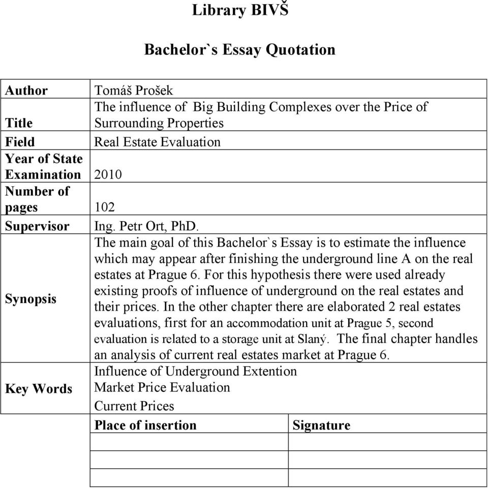 The main goal of this Bachelor`s Essay is to estimate the influence which may appear after finishing the underground line A on the real estates at Prague 6.